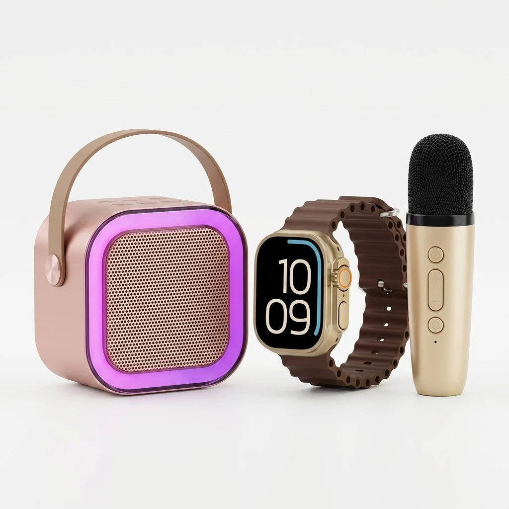 A portable karaoke kit featuring a rose gold cube speaker with a purple LED ring, a matching rose gold smartwatch with a brown strap, and a gold handheld microphone, arranged on a clean white background.