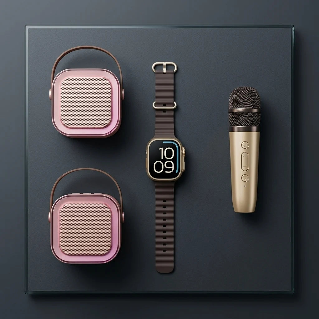 A flat-lay product arrangement on a dark charcoal background featuring two pink portable Bluetooth speakers, a brown smartwatch with a matching brown strap, and a metallic gold handheld microphone.