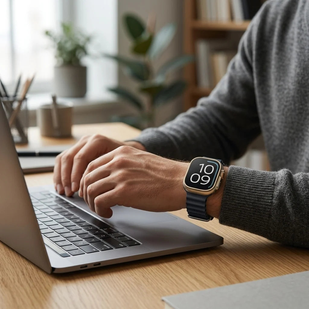 A person wearing a smartwatch with a gold-toned case and dark band sits at a wooden desk, typing on a laptop in a bright home office setting.