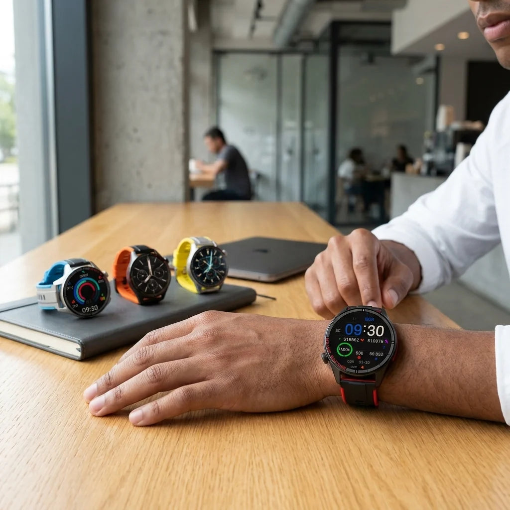  Smart Watches in orange, blue, yellow and red
