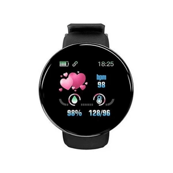 Black smartwatch with a heart rate and battery display on a white background
