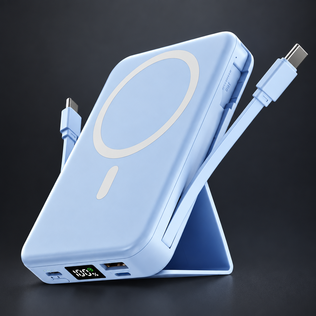 Close view of the power bank ports and controls