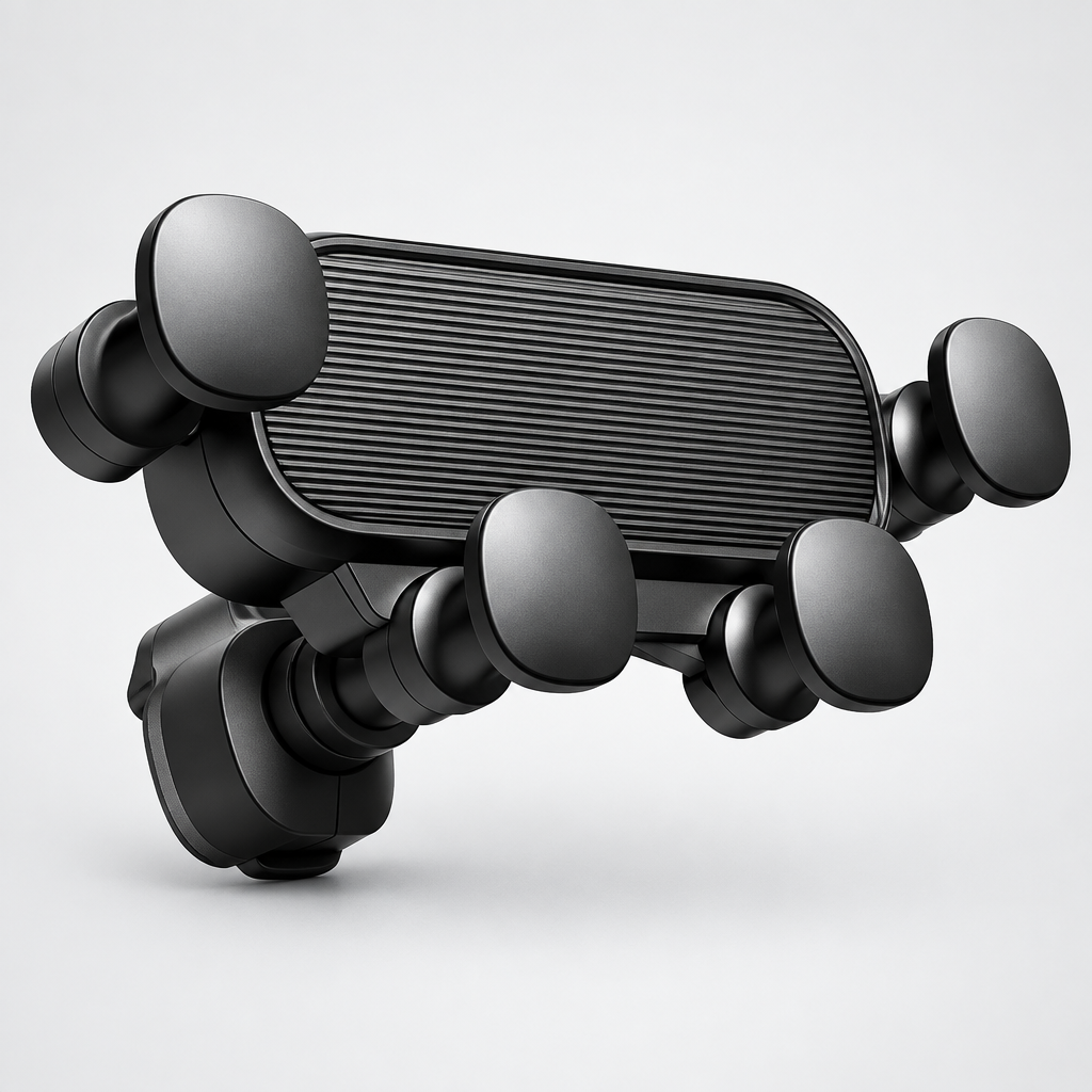 Close view of adjustable car phone mount base and joints