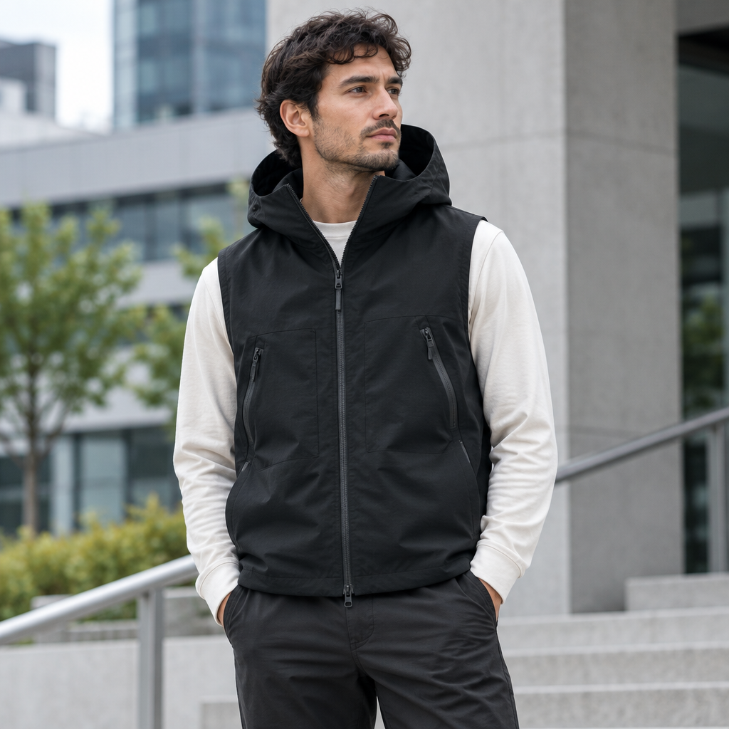 Adult model wearing the utility vest in a modern casual urban setting