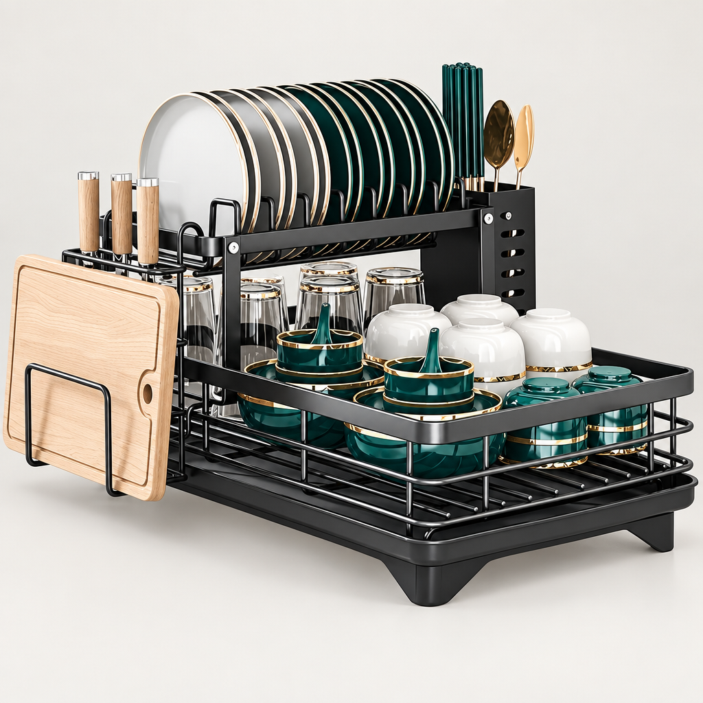 Close view of dish rack metal construction, tray, and holders