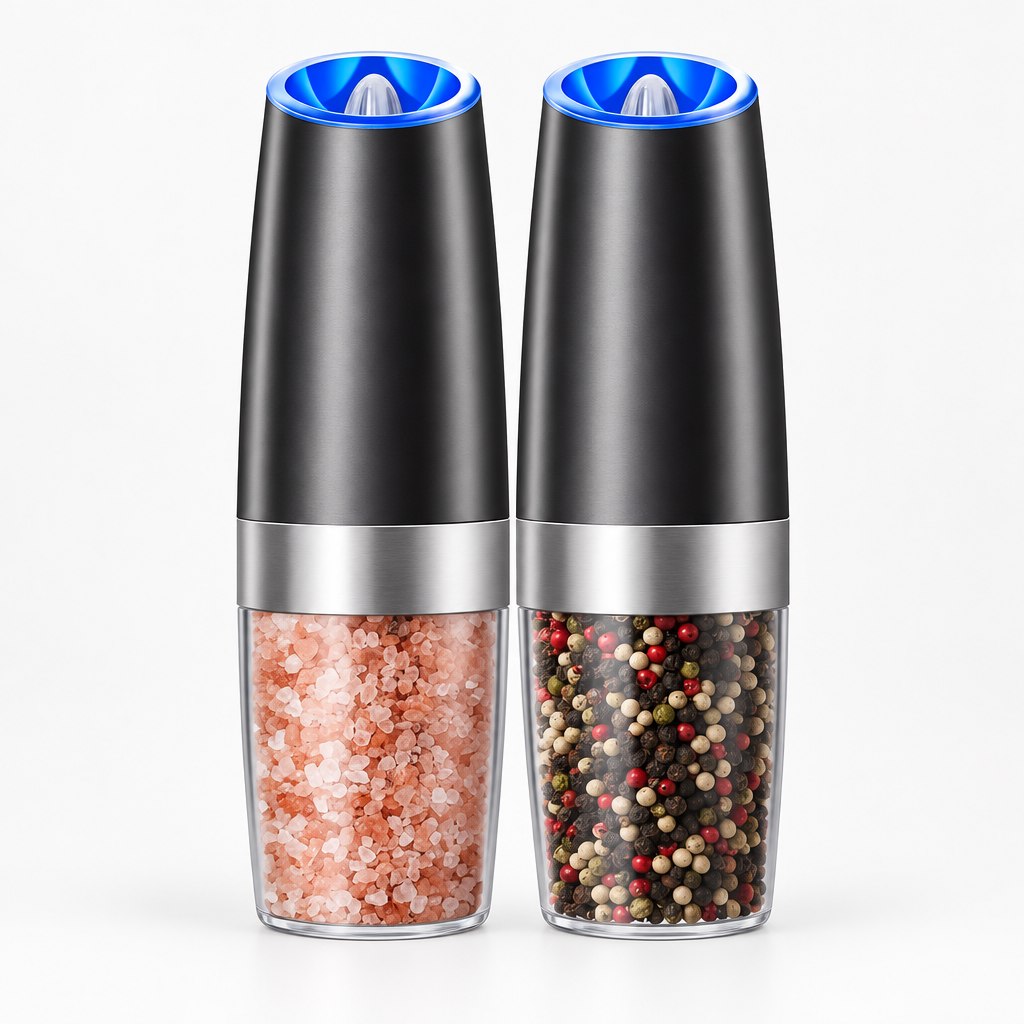 Pair of electric salt and pepper grinders on a clean studio background