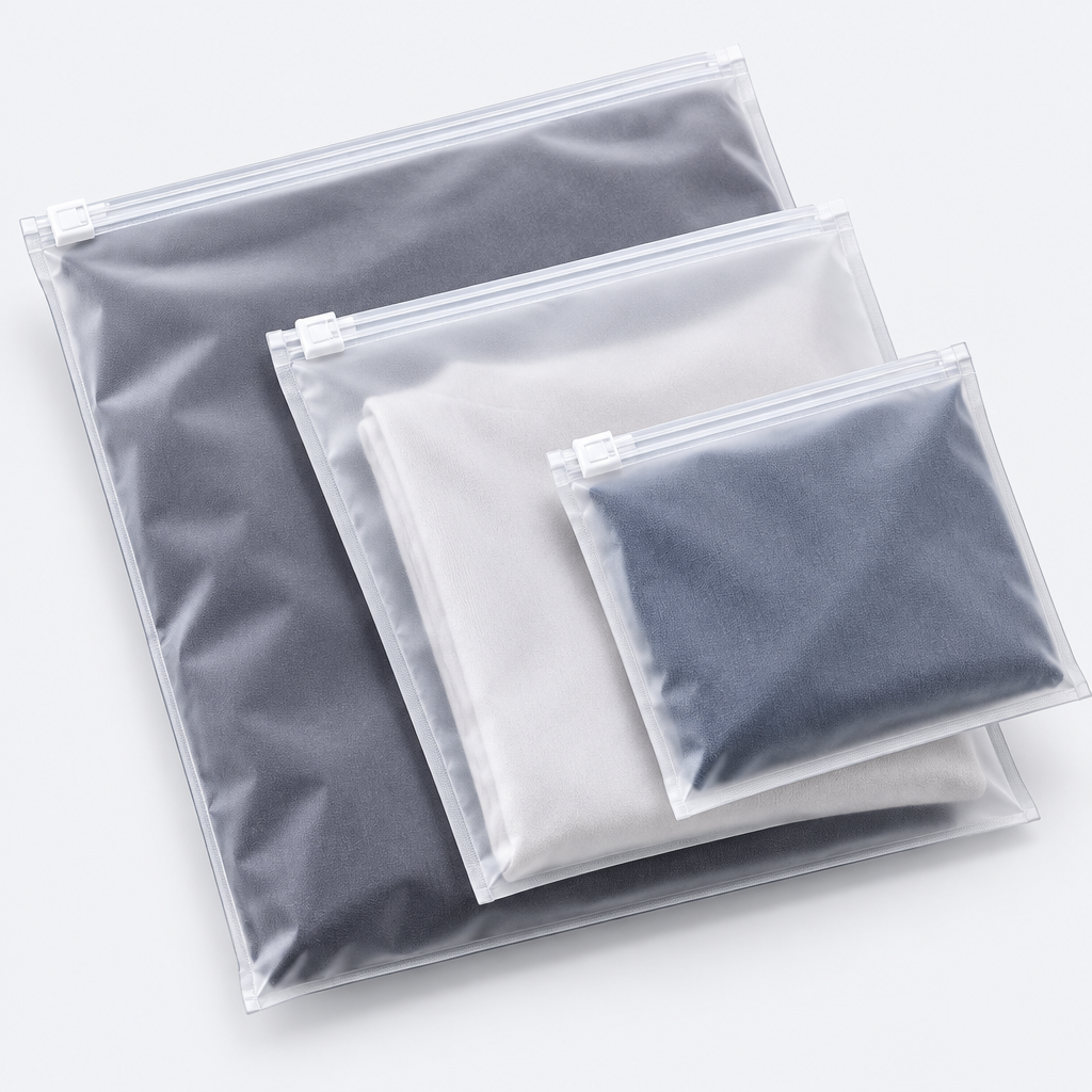 Close view of frosted clothing bag material, seams, and zipper