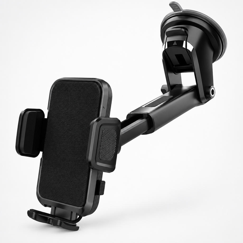 Car dashboard phone holder on a clean neutral studio background