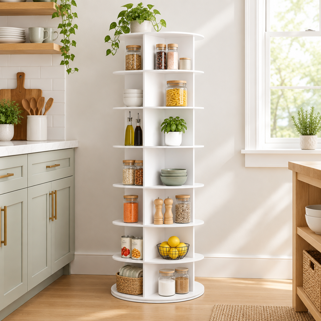Rotating storage tower organised in a modern kitchen or pantry