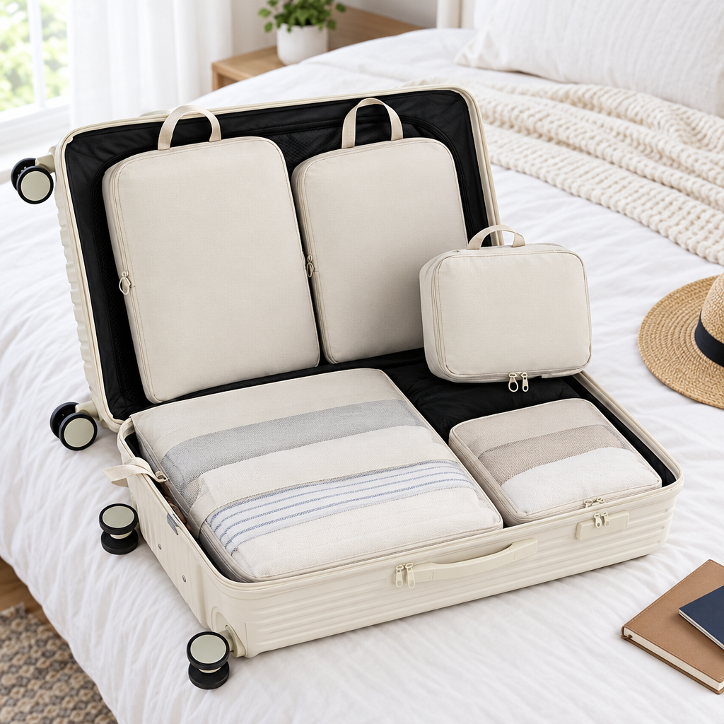 Compression packing cubes organised inside an open suitcase
