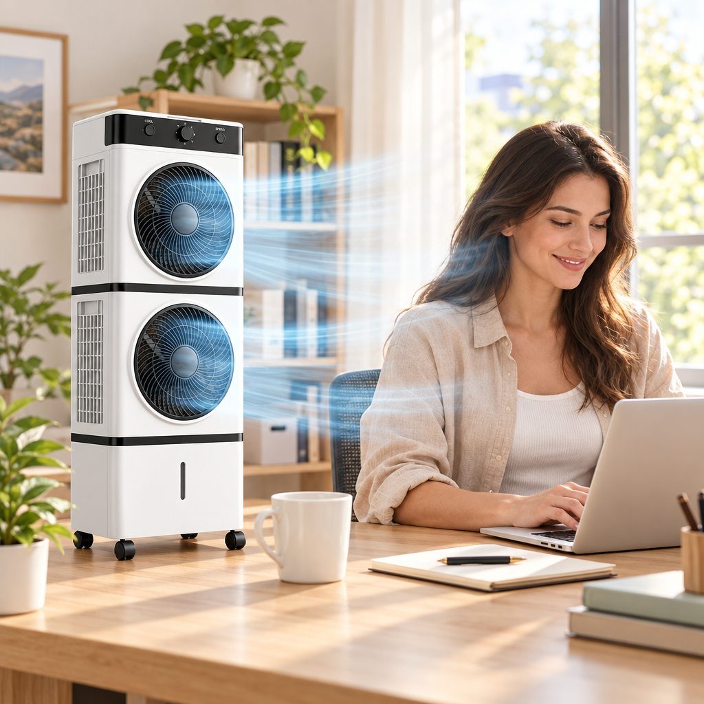 Portable dual-head air cooler providing personal airflow at a home-office desk