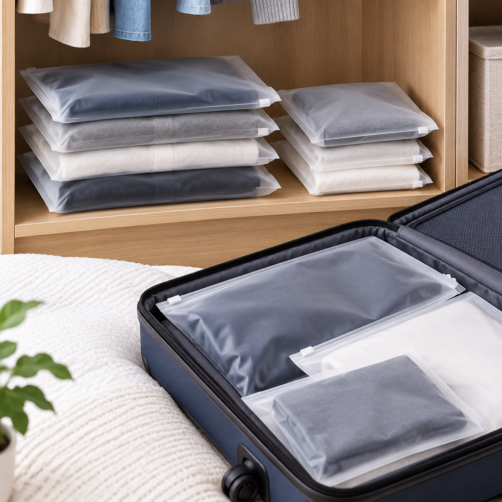 Reusable clothing bags organising folded clothes in a wardrobe or suitcase