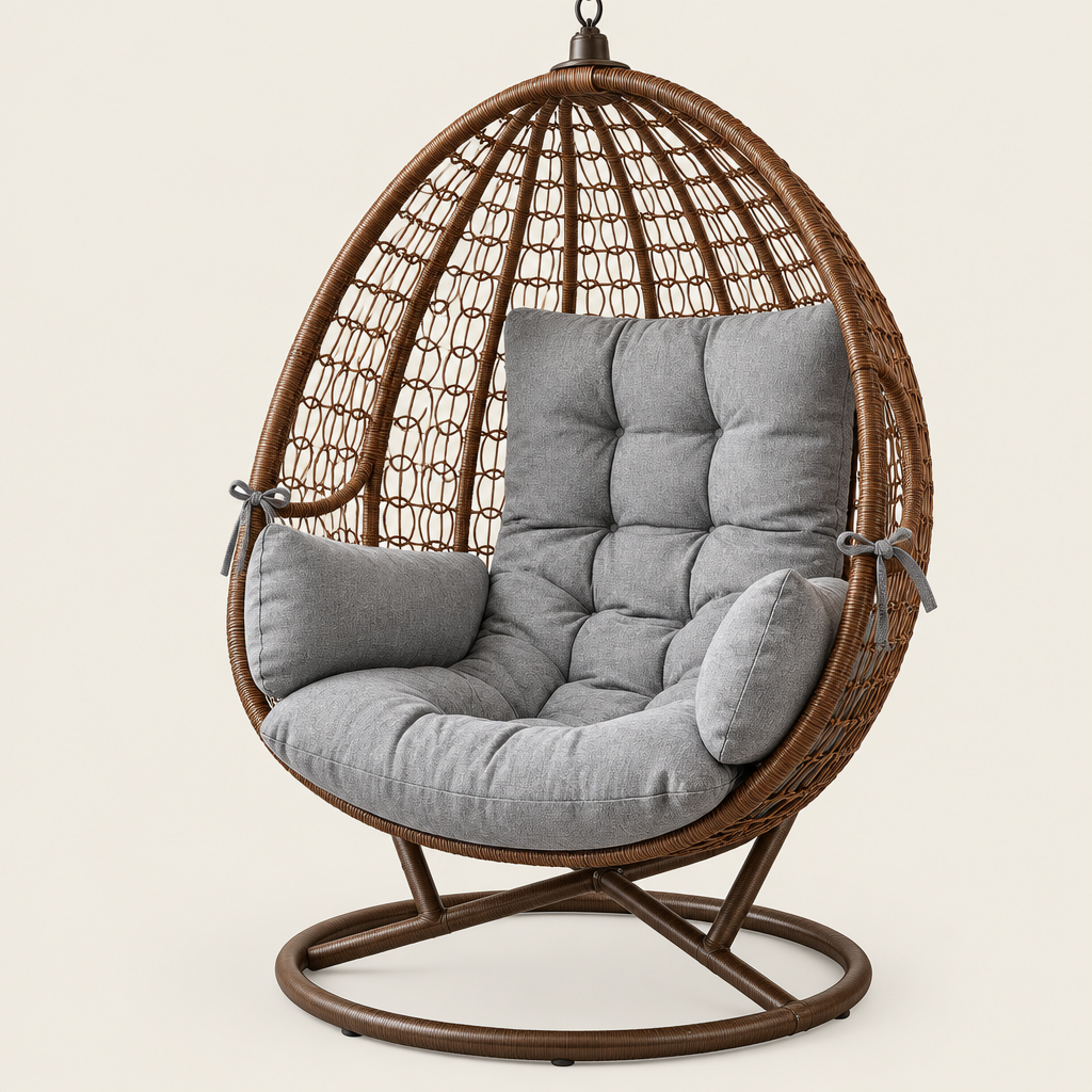 Close view of swing chair cushion stitching, padding, and ties