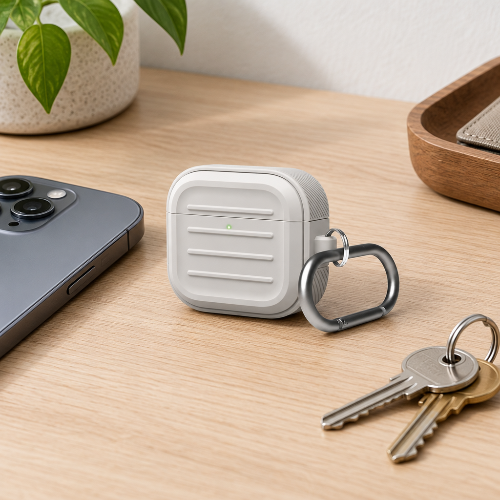 Silicone AirPod case beside everyday items on a clean surface