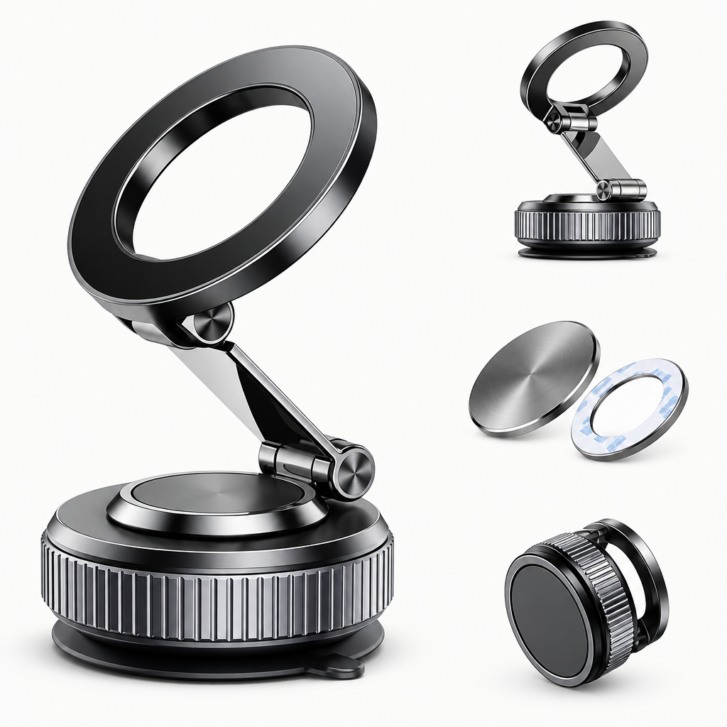 Close view of magnetic phone mount set components