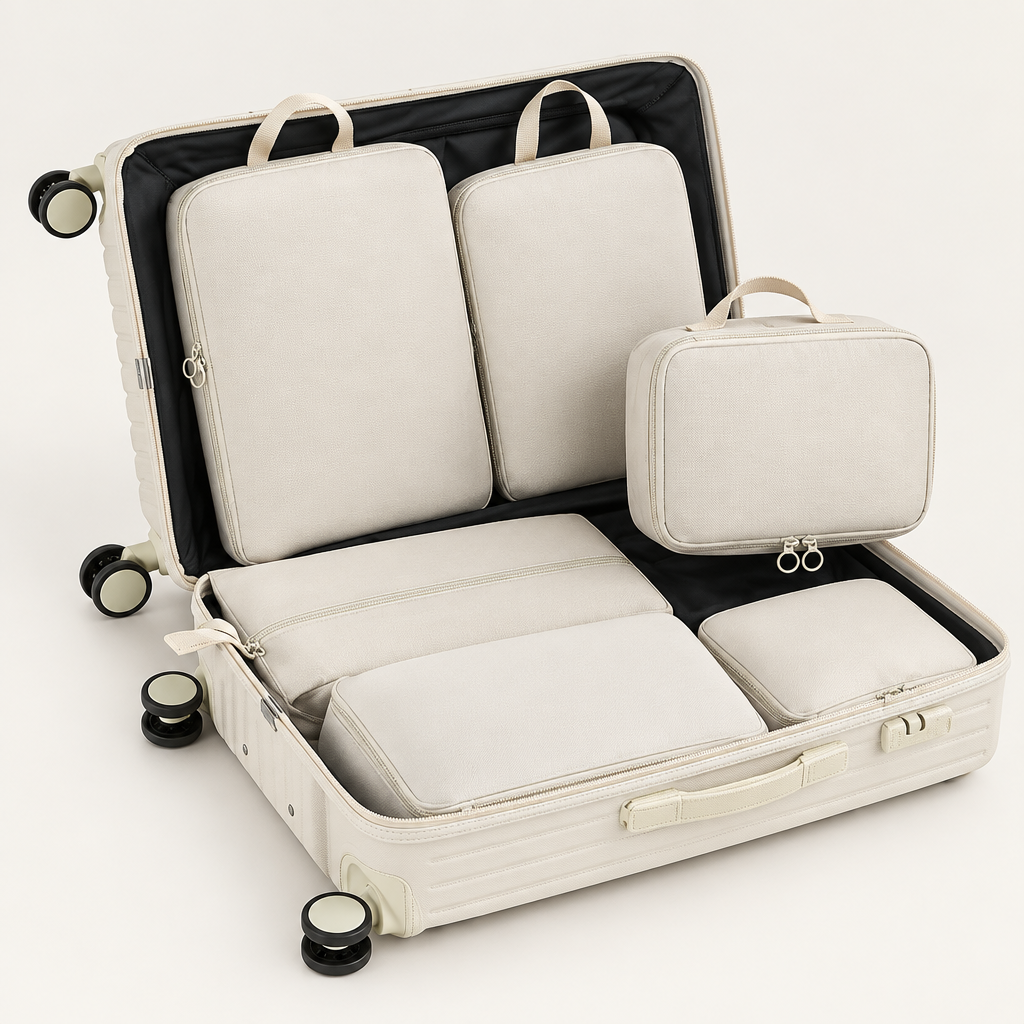 Close view of packing cube fabric, zippers, seams, and handles