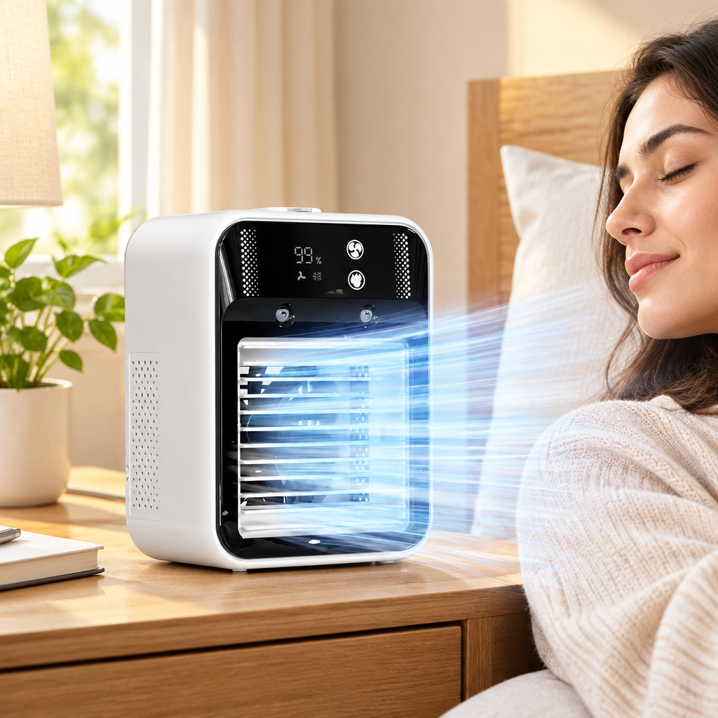 Portable personal air cooler providing close-range airflow on a table