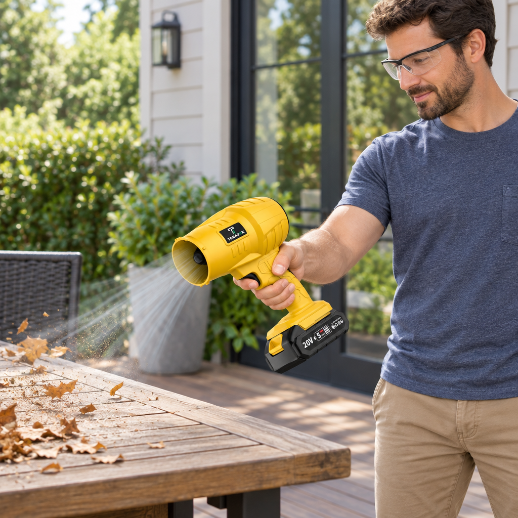 Adult using the turbo blower for an ordinary outdoor cleaning task