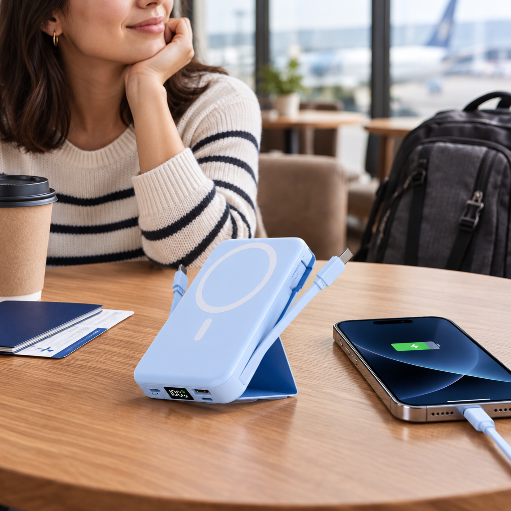 Power bank being used beside a smartphone on a café table