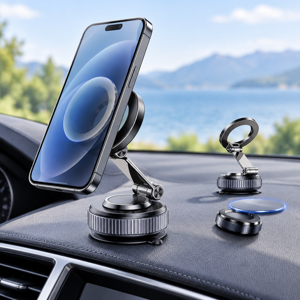 Magnetic phone mount installed in a parked modern car
