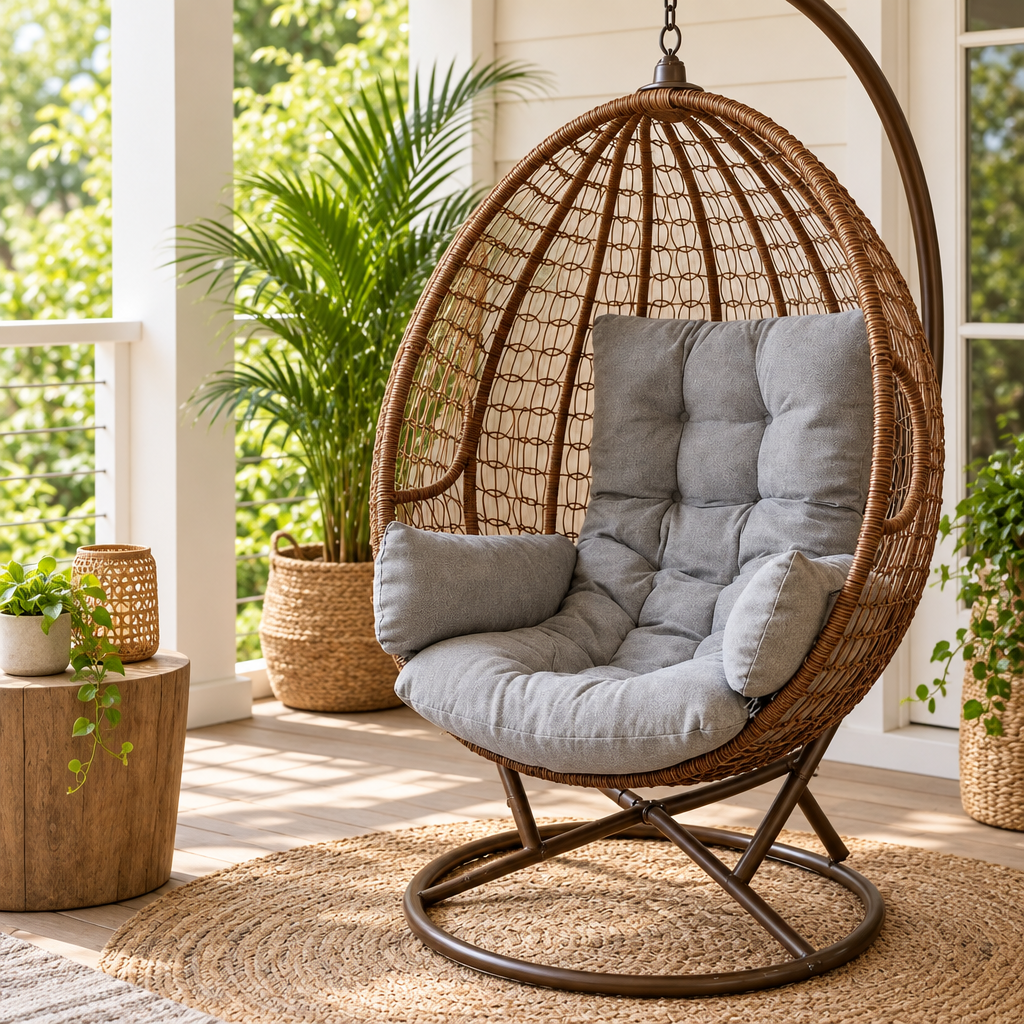Bohemian cushion fitted in a hanging swing chair on a covered patio